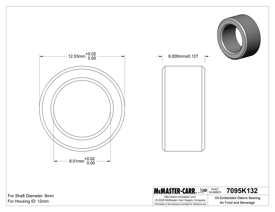 Technical Drawing of Oil-Embedded Sleeve Bearing for Food&Beverage, 841 Bronze, for 8mm Shaft Diameter and 12mm Housing ID, 6mm Long.